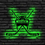Custom Hockey LED Sign - Goalie Helmet Personalized Name Sign with Crossed Sticks, Light Up Goalie Mask Hockey Room Decor for Boys, Players, Fans