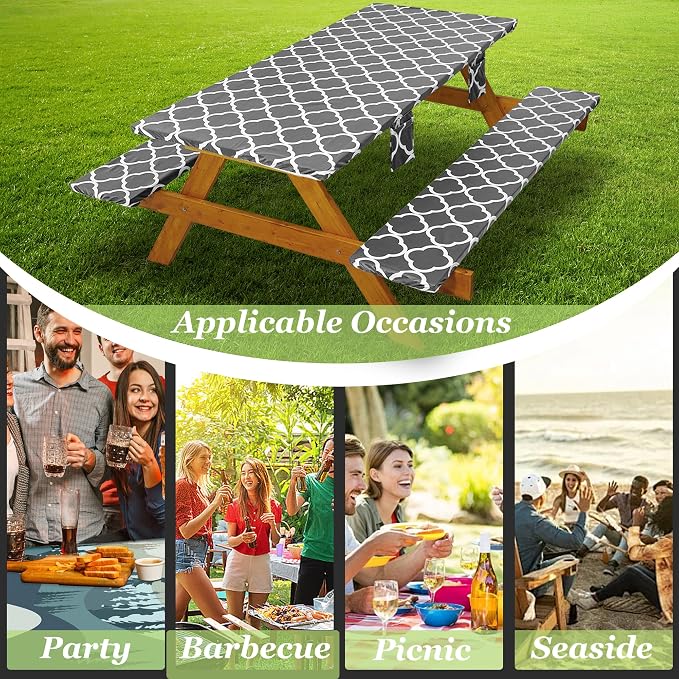 Fitted Picnic Table Cover with Bench Covers Waterproof Elastic Edges Rectangle Patio Tablecloth Outdoor Camping Essentials Stuff Rv Accessories Summer Trip Travel Supplies Party Camper Gifts, 8 ft