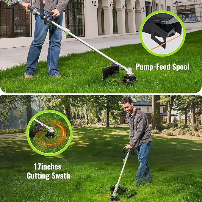 60V Lithium Ion Cordless String Trimmer, 17 Inch Two Speed Brushless String Trimmer with 5.0Ah Battery and Charger