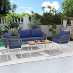 4-Piece, Boho Rope Outdoor Furniture Patio Conversation Sets with Deep Seating & Thick Cushion, Wicker Rattan Chairs Garden Backyard Balcony Porch Poolside loveseat, OneSize, Kb-Navy Blue
