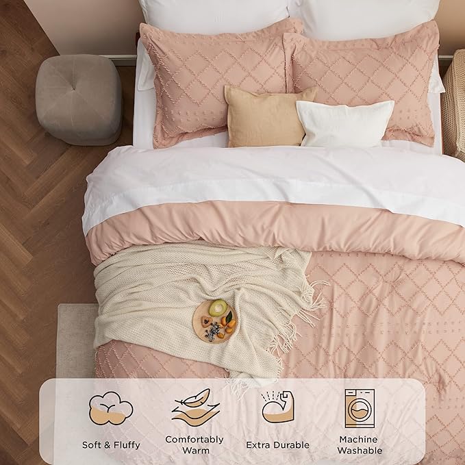 Bedsure California King Comforter Set - Coral Pink Boho Tufted Shabby Chic Bedding Comforter Set, 3 Pieces Vintage Farmhouse Bed Set for All Seasons, Fluffy Soft Bedding Set with 2 Pillow Shams