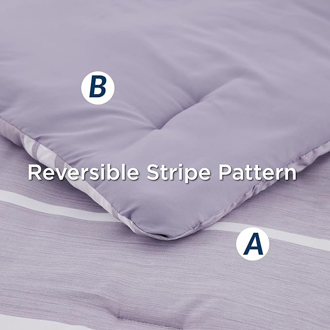 Bedsure Bed in a Bag King Size 7 Pieces, Purple White Striped Bedding Comforter Sets All Season Bed Set, 2 Pillow Shams, Flat Sheet, Fitted Sheet and 2 Pillowcases
