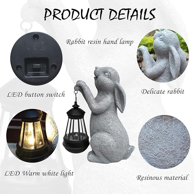 Rabbit Solar Garden Statues,Resin Rabbit Figurine Decorations with Solar Lights Lantern, Outdoor Figurines Lawn Garden Statue Decor Art for Lawn,Yard, Balcony Ornament.