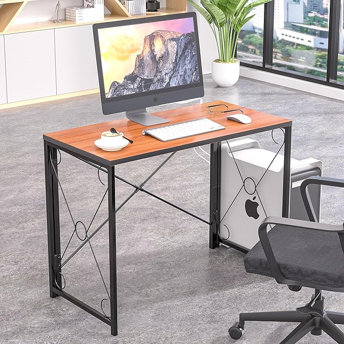 VECELO 39.4" Folding Computer Desk Simple Laptop Table Home Office Workstation for Reading Writing, No Assembly Needed, Small Space, Antique Brown
