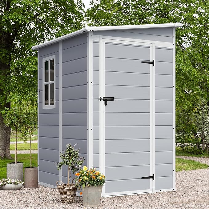 JUMMICO Outdoor Storage Shed, 5 x 4 FT Resin Shed with Floor and Lockable Door, Plastic Garden Tool Outside Sheds for Patio Backyard Lawn