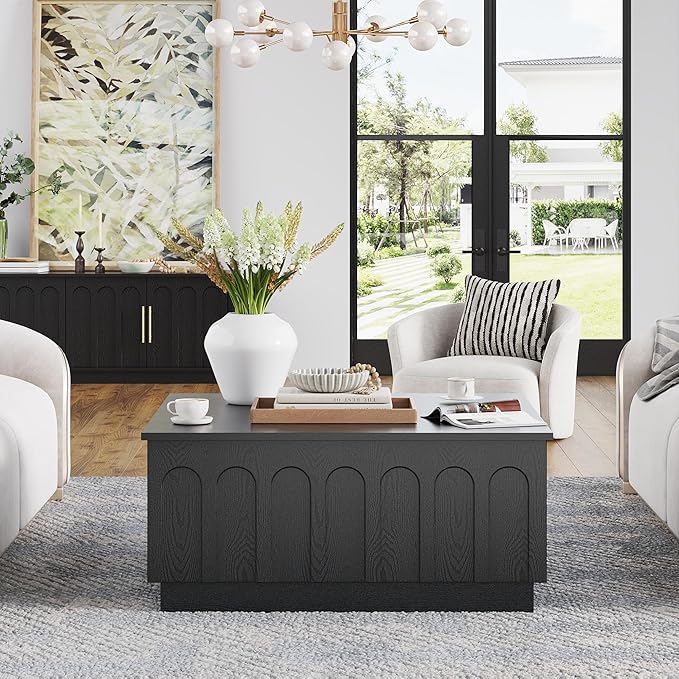 Lift Top Coffee Table with Storage, Modern Coffee Table with Arched Design, 31.5" Square Tea Table with Wood Grain, Minimalist Multifunctional Center Table for Living Room, Office, Black