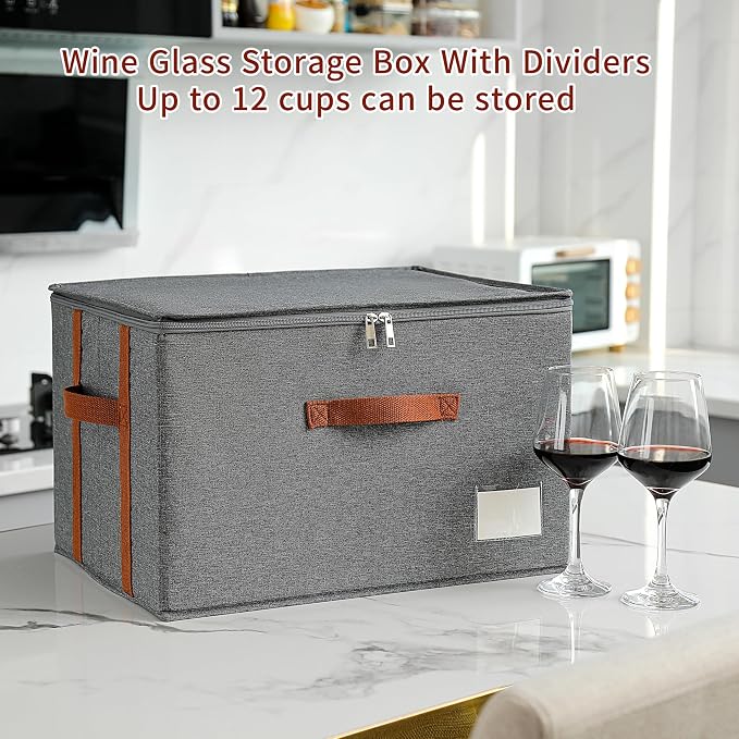 Stemware Storage Cases,Wine Glass Storage Box,with Dividers,Holds 12 Red or White Wine Glasses, Durable Glassware Storage Containers for Crystal or Stemware (Grey red, 2 Stemware storage cases)