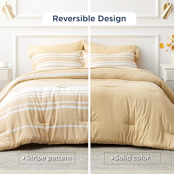 Bedsure Bed in a Bag Twin Size 5-Piece Yellow White Striped Bedding Comforter Sets All Season Bed Set with 1 Pillow Sham, Flat Sheet, Fitted Sheet and 1 Pillowcase