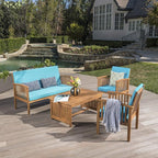 Christopher Knight Home Carolina Outdoor Acacia Wood Sofa Set with Water Resistant Cushions, 4-Pcs Set, Brown Patina / Teal