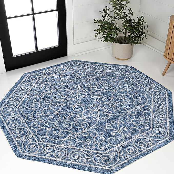 JONATHAN Y Vintage Filigree Indoor Outdoor Octagon Area Rug 5 Ft Navy/Gray, Charleston Textured Weave for Backyard, Patio, Porch, Easy-Cleaning, High Traffic, Pet-Friendly, Non-Shedding SMB106D-5TGN