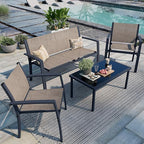 Shintenchi 4 Pieces Patio Furniture Set All Weather Textile Fabric Outdoor Conversation Set, with Glass Coffee Table, Loveseat, 2 Single Chairs for Home, Garden, Lawn, Porch（Light Brown）