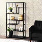 Household Essentials Black Oak Geometric Tall Open Book Shelf | Mid Century Modern Shelves