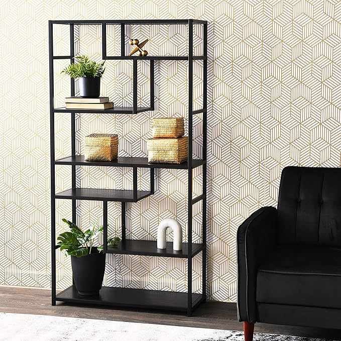 Household Essentials Black Oak Geometric Tall Open Book Shelf | Mid Century Modern Shelves