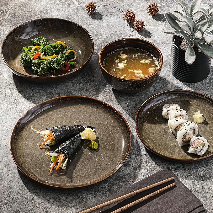 Gibson Elite Edwina 16-Piece Double Bowl Dinnerware Set, Service for 4 – Dark Green Stoneware Plates and Bowls