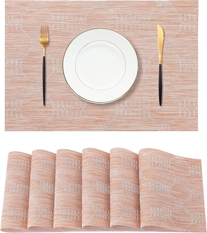 Leetaltree Coral Placemats Set of 6 - Heat Resistant Non-Slip Place mats for Dining Table, Washable Durable PVC Vinyl Woven Table Mats（Coral, 6）