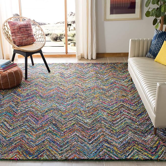 SAFAVIEH Nantucket Collection 8' x 10' Blue/Multi NAN141C Handmade Modern Abstract Chevron Cotton Area Rug