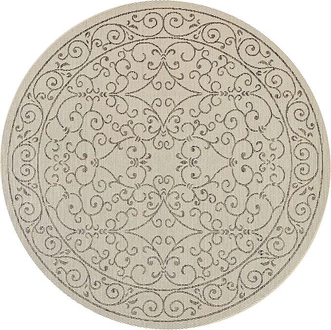 JONATHAN Y Vintage Filigree Indoor Outdoor Round Area Rug 4 Ft Beige/Brown, Charleston Textured Weave for Backyard, Patio, Porch, Easy-Cleaning, High Traffic, Pet-Friendly, Non-Shedding (SMB106A-4R)
