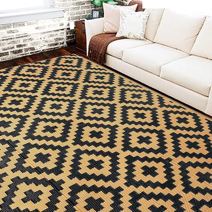 SAND MINE Reversible Mats, Plastic Straw Rug, Modern Area Rug, Large Floor Mat and Rug for Outdoors, RV, Patio, Backyard, Deck, Picnic, Beach, Trailer, Camping, Black & Brown, 6' x 9'