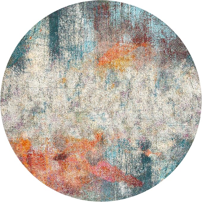 SAFAVIEH Luxor Collection Area Rug - 6'7" Round, Ivory & Blue, Handmade Modern Abstract, Ideal for High Traffic Areas in Living Room, Bedroom (LUX312A)