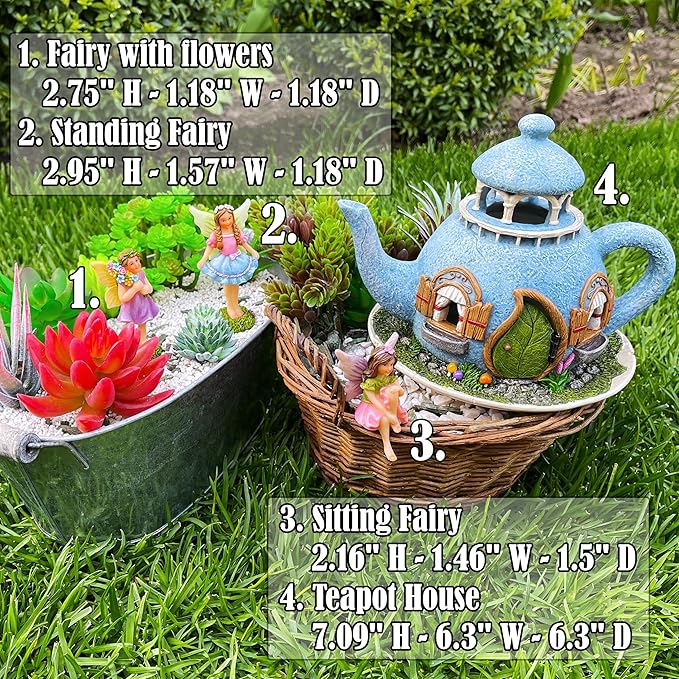 Mood Lab Fairy Garden Miniature Teapot House Kit - Figurines and Accessories Set of 4 pcs - 7.1 Inch Tall House