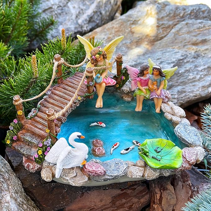 Mood Lab Fairy Garden Fish Pond Kit - Miniature Bridge Set of 6 pcs Fairy Garden Figurines & Accessories - Outdoor or House Decor