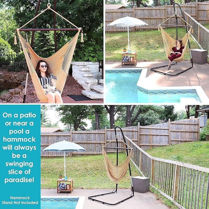 Sunnydaze Outdoor Hammock Chair Swing - Hanging Hammock Swing - Hanging Reading Chair - Soft-Spun Polyester Rope - Caribbean XL - Tan