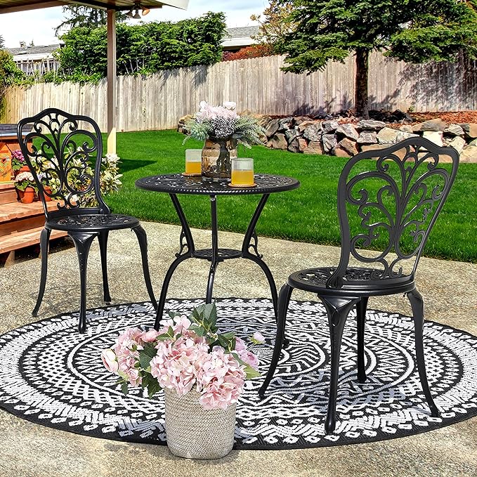 NUU GARDEN 3 Piece Bistro Set Outdoor, All Weather Cast Aluminum Patio Bistro Sets Patio Table and Chairs Set of 2 with Umbrella Hole for Yard, Balcony, Black, Butterfly Backrest