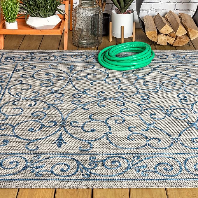JONATHAN Y Vintage Filigree Indoor Outdoor Area Rug 8X10 Gray/Navy, Charleston Textured Weave for Backyard, Patio, Porch, Easy-Cleaning, High Traffic, Pet-Friendly, Non-Shedding (SMB106C-8)