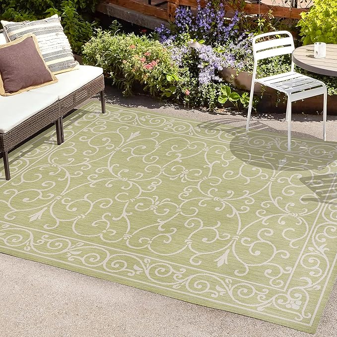 JONATHAN Y Vintage Filigree Indoor Outdoor Area Rug 9X12 Green/Cream, Charleston Textured Weave for Backyard, Patio, Porch, Easy-Cleaning, High Traffic, Pet-Friendly, Non-Shedding (SMB106H-9)