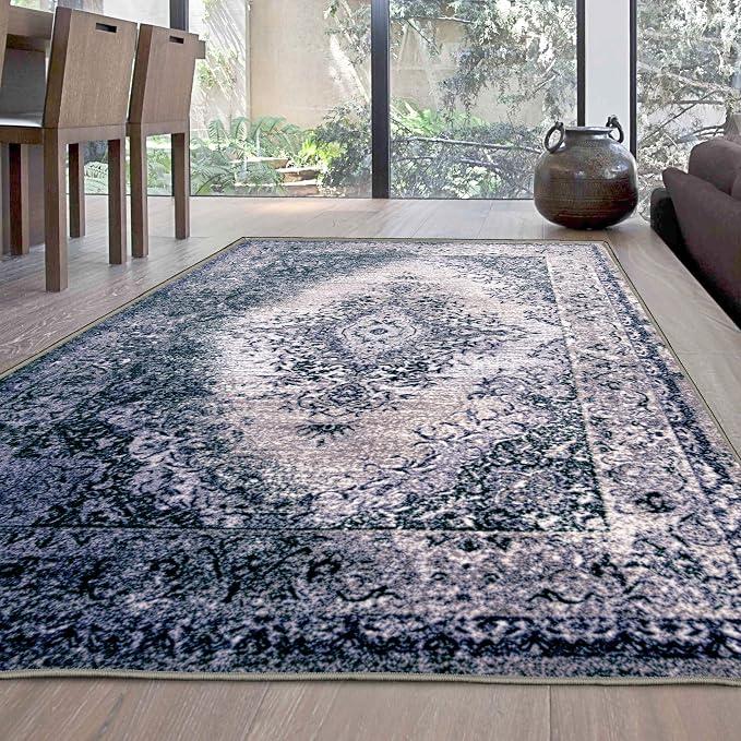 Superior Traditional Oriental Medallion Non-Slip Indoor Washable Area Rug, 4' x 6', Grey