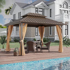10'x12' Hardtop Gazebo Outdoor Aluminum Patio Gazebo Double Roof Galvanized Steel Canopy with Netting and Curtains for Garden, Backyard,Deck and Lawns