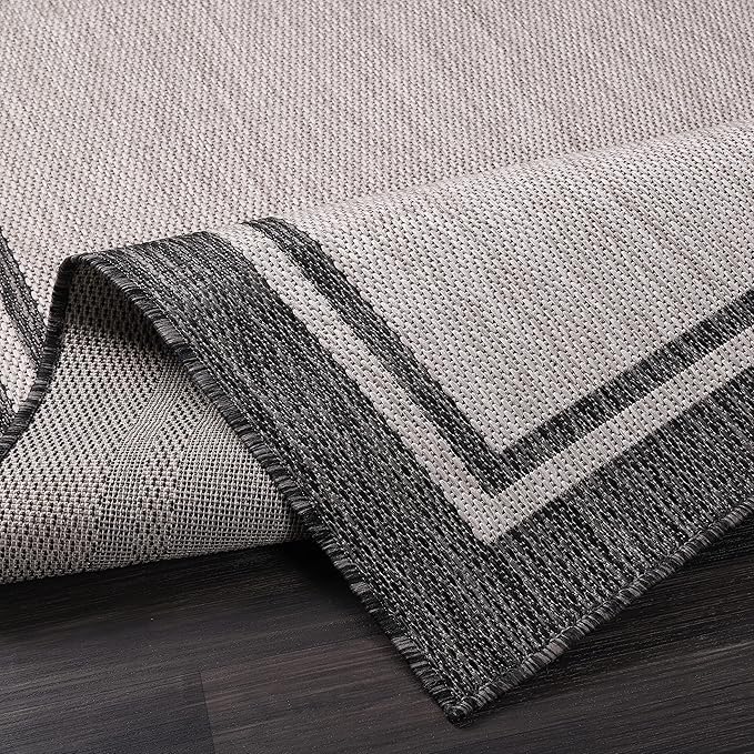 CAMILSON Indoor Outdoor Rug, 10x14 Bordered Gray Modern Area Rugs for Large Indoor and Outdoor Patios, Kitchen and Hallway Mats, Washable Porch Deck Outside Carpet (Bordered Grey, 10 x 14)