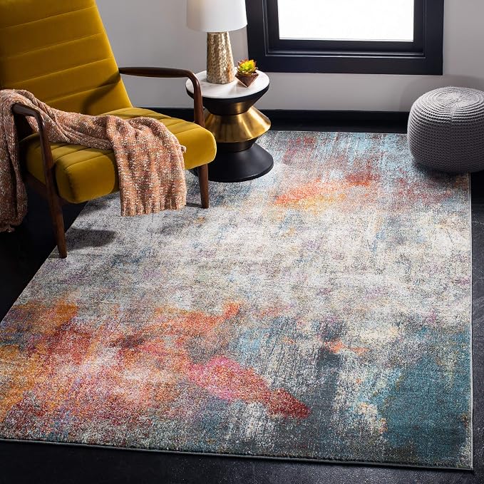 SAFAVIEH Luxor Collection Area Rug - 6'7" Square, Ivory & Blue, Handmade Modern Abstract, Ideal for High Traffic Areas in Living Room, Bedroom (LUX312A)