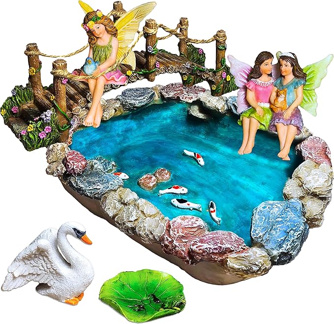 Mood Lab Fairy Garden Fish Pond Kit - Miniature Bridge Set of 6 pcs Fairy Garden Figurines & Accessories - Outdoor or House Decor